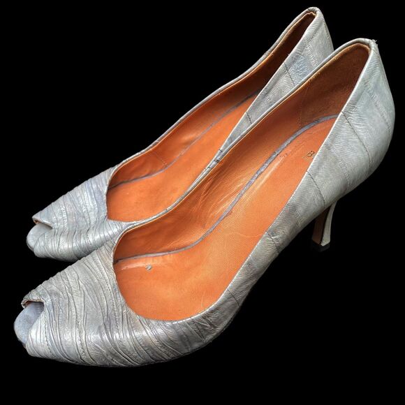 Hugo Boss Heels Italy Sz 38 EU/7.5 US Gray Reptile Leather Peep Toe Pump Shoes - Picture 6 of 13